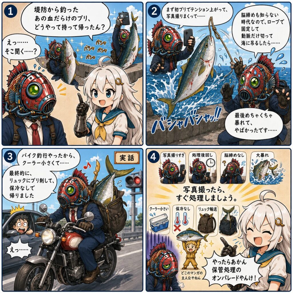 ブリを釣った時の処理大失敗のおまけマンガ