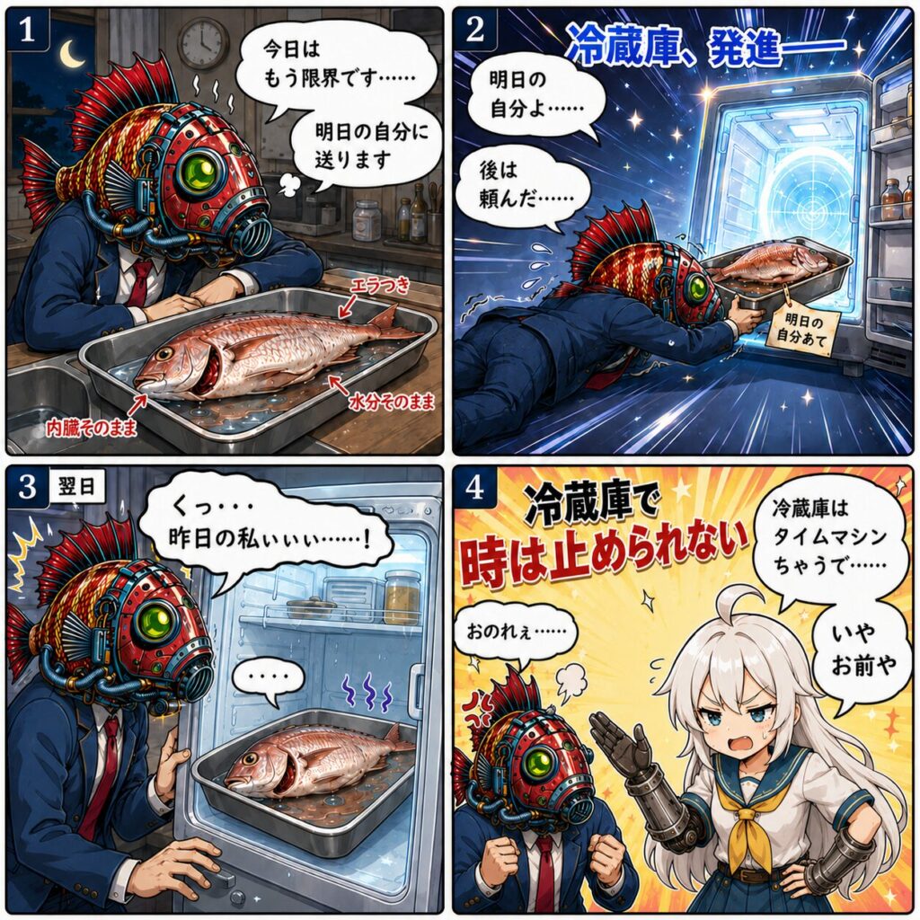 冷蔵庫で処理時間がストップするわけではない教訓４コマ漫画