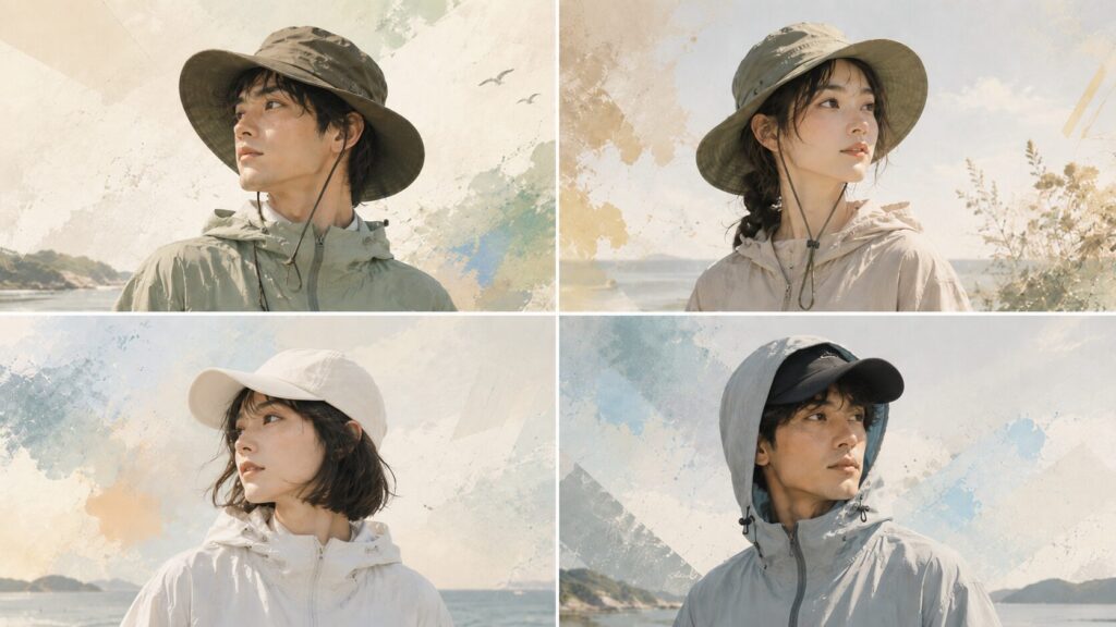 釣行時キャップ型ハット型帽子の着用イメージ図