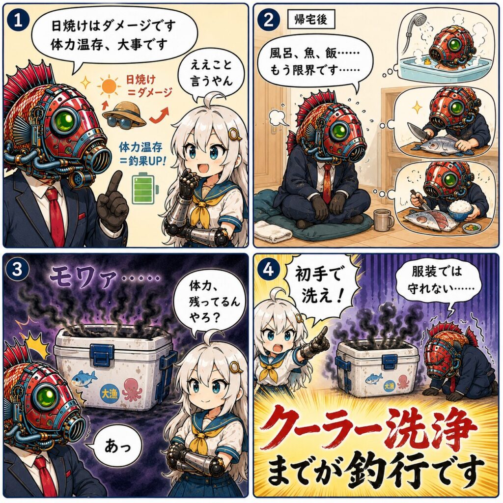 おまけマンガ　余った体力でクーラー洗浄までするのが釣行であることを教訓とする４コマ漫画