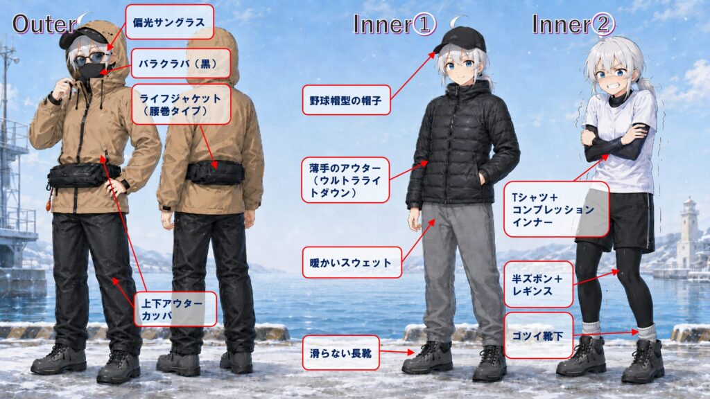 冬の釣行時の服装のイメージ図