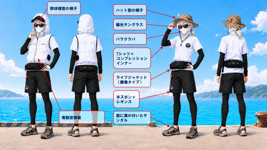 夏の釣行時の服装イメージ図