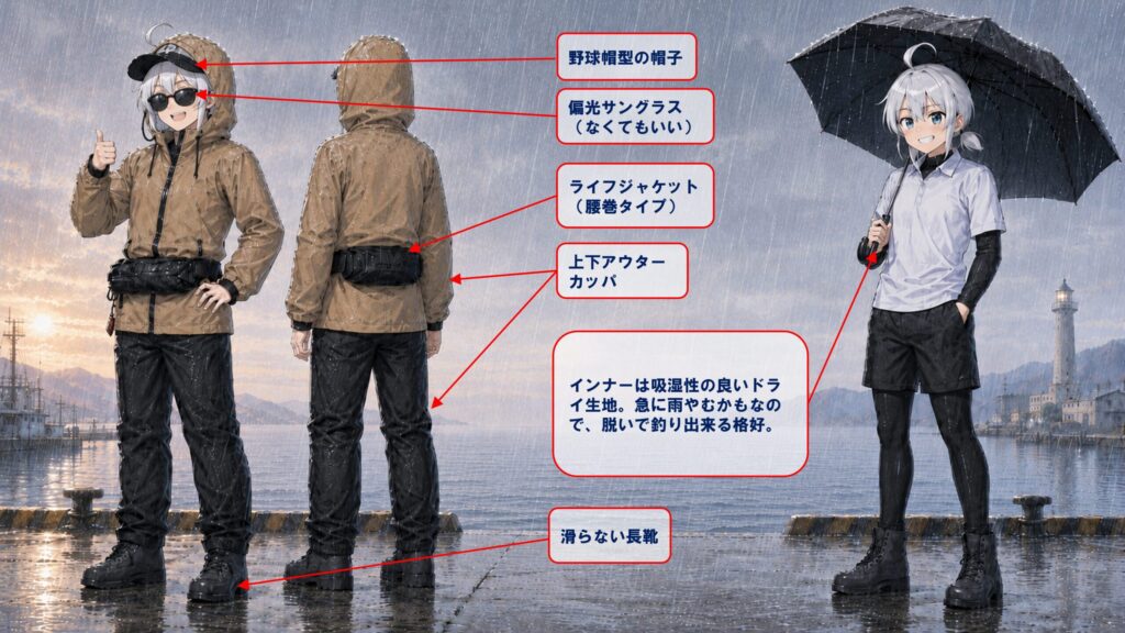 雨と雪の日の釣行イメージ図