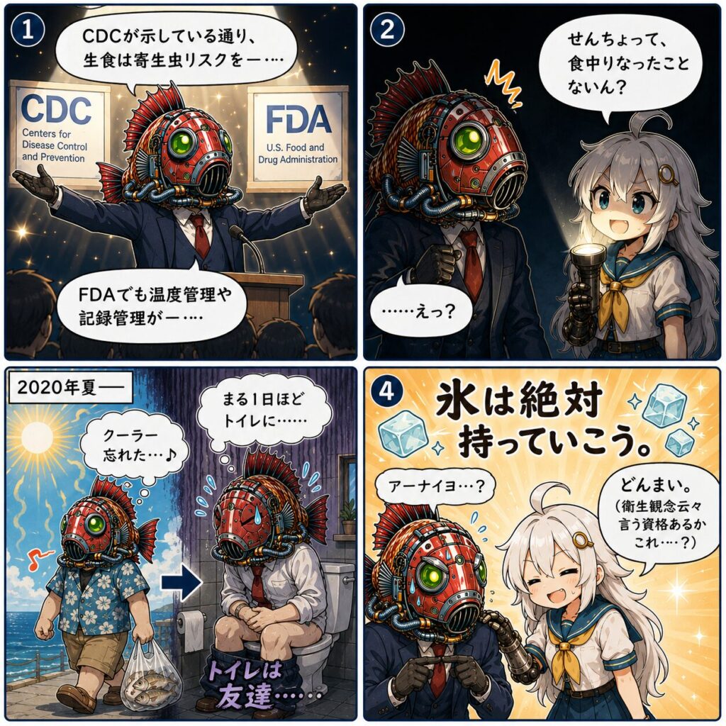生魚の安全管理をテーマにしたおまけマンガ