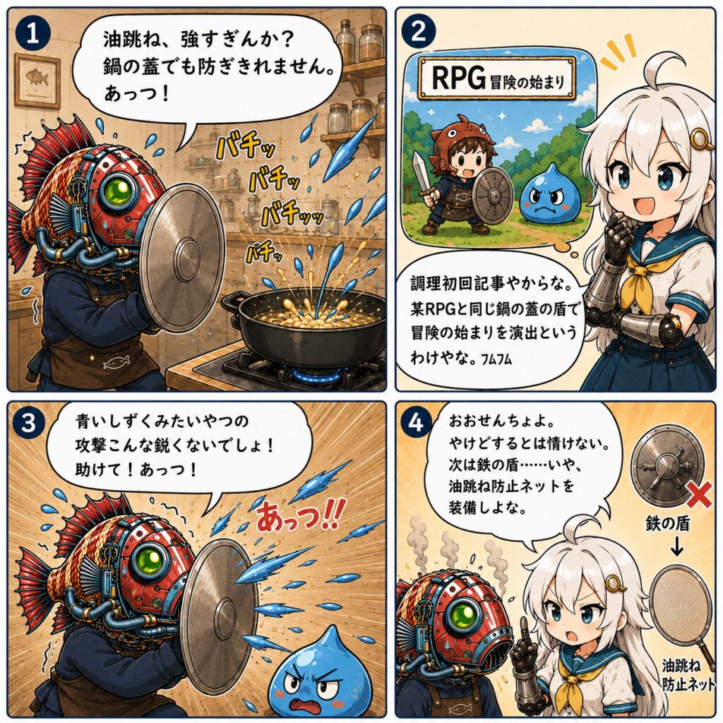 タコの唐揚げで油が跳ねることの注意喚起4コマ漫画