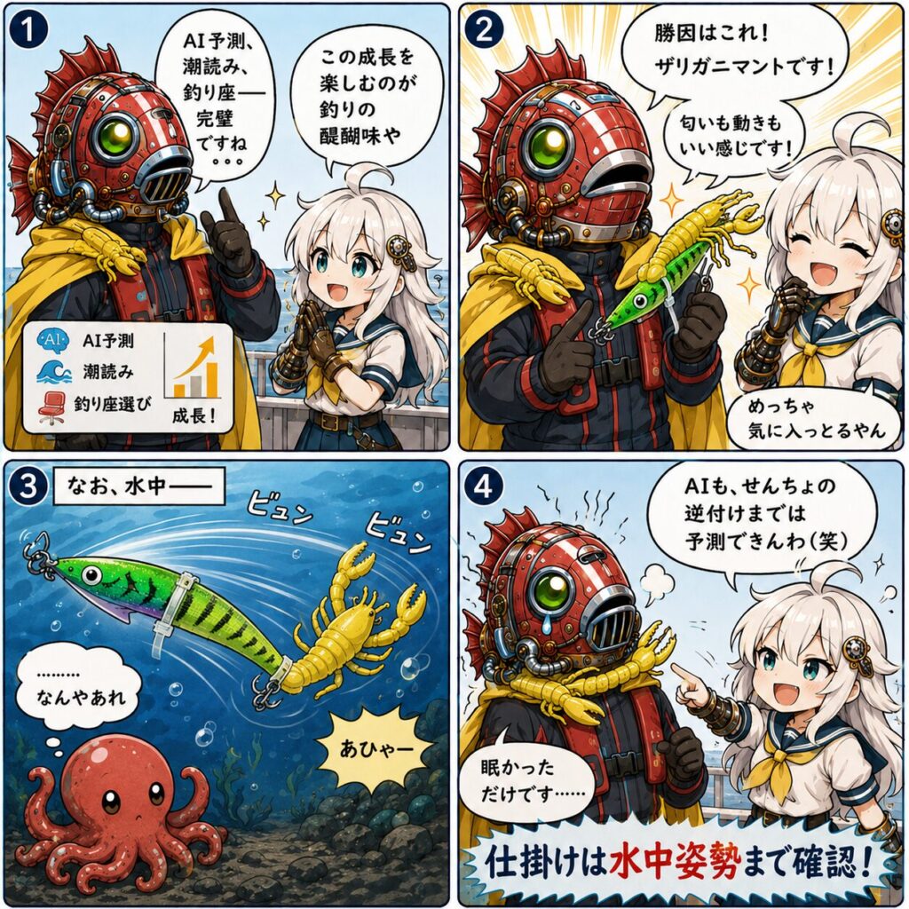 おまけマンガ　ルアーを逆にしてタコにプレッシャーをかけてしまっていた教訓を教えるマンガ。