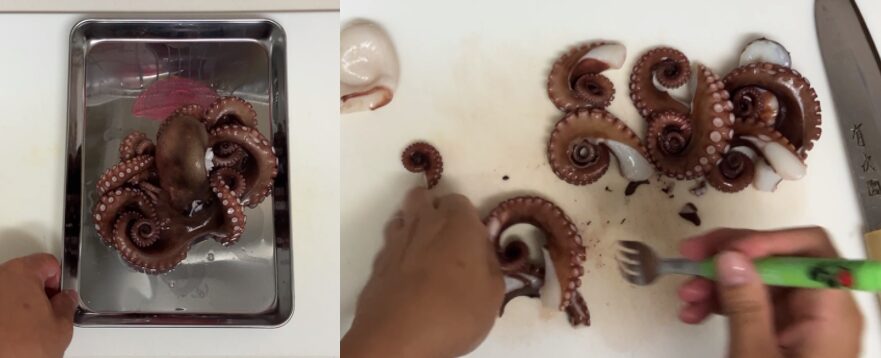 タコにフォークで穴をあける写真